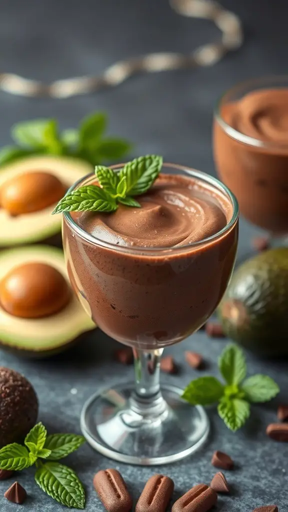 Chocolate avocado mousse in a glass with mint leaves and avocado in the background