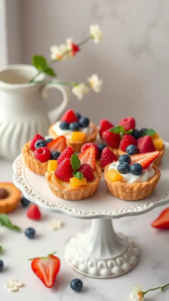 Colorful rainbow fruit tarts on a white cake stand