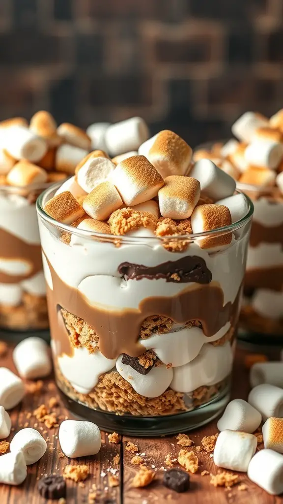 A close-up of s'mores trifle in glass cups, featuring layers of chocolate pudding, whipped cream, and topped with toasted marshmallows.