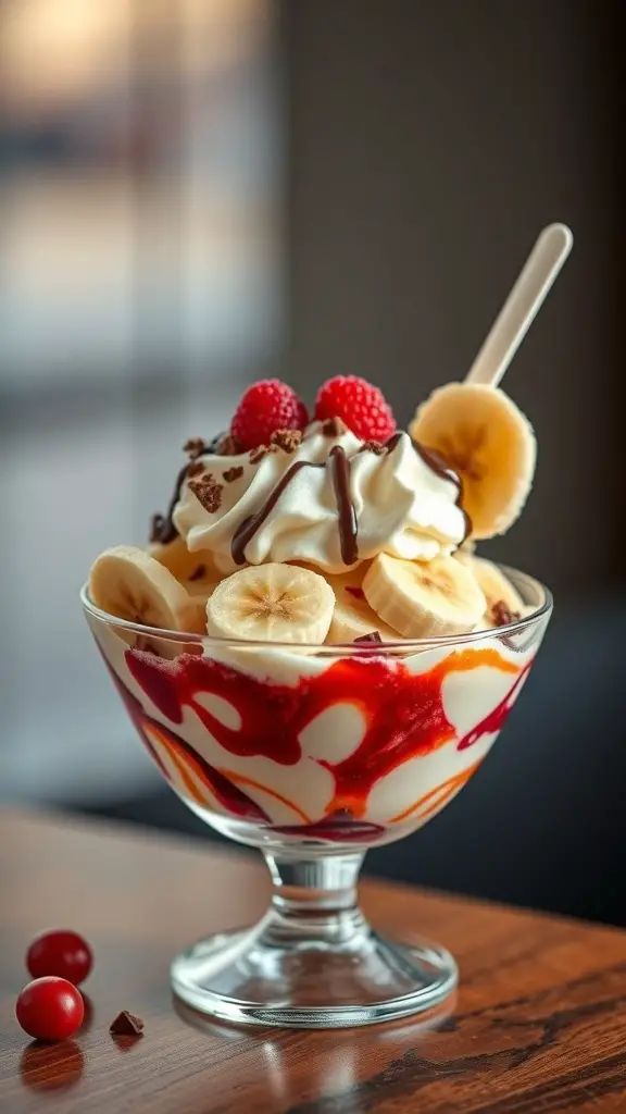 A delicious Banana Split Sundae topped with whipped cream, cherries, and bananas.