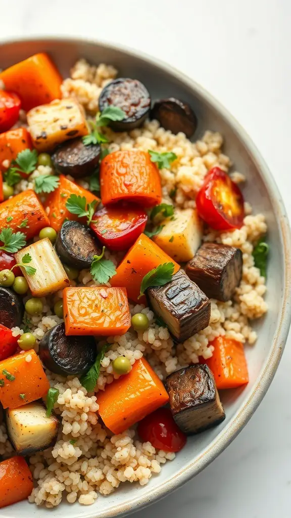 A bowl of roasted vegetable and couscous salad featuring colorful vegetables and fluffy couscous.