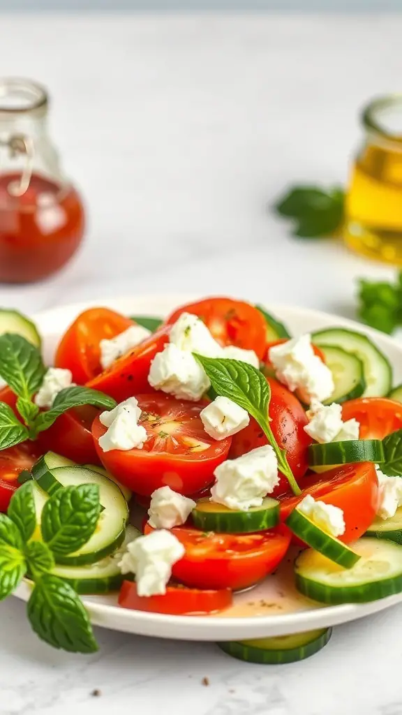 A colorful cucumber tomato salad topped with feta cheese and mint leaves, served on a white plate.