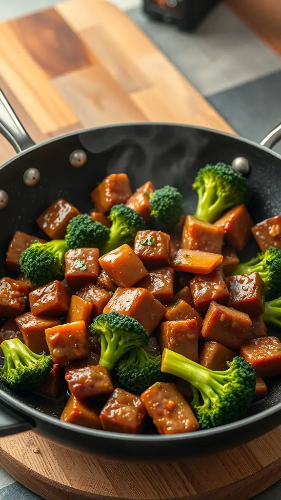 A stir-fry dish featuring beef cubes and broccoli in a black pan.
