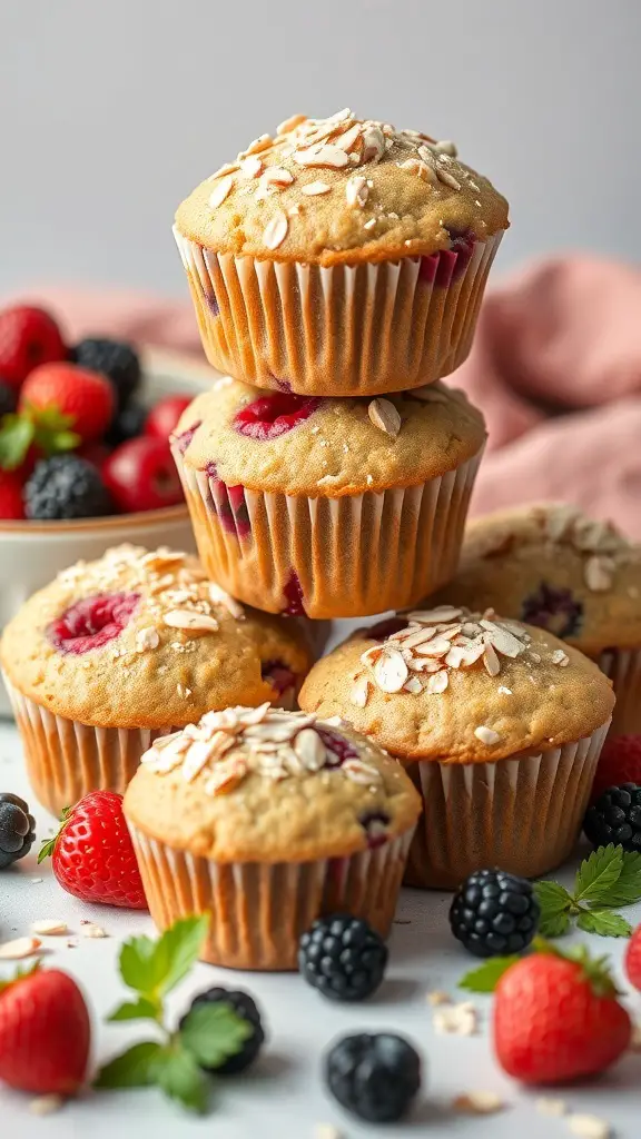 A stack of almond flour berry muffins with fresh berries around them.