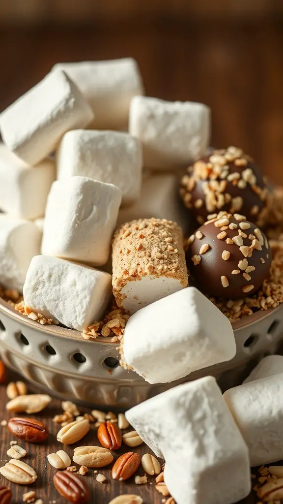 A bowl filled with fluffy marshmallows and chocolate-covered treats, surrounded by nuts.
