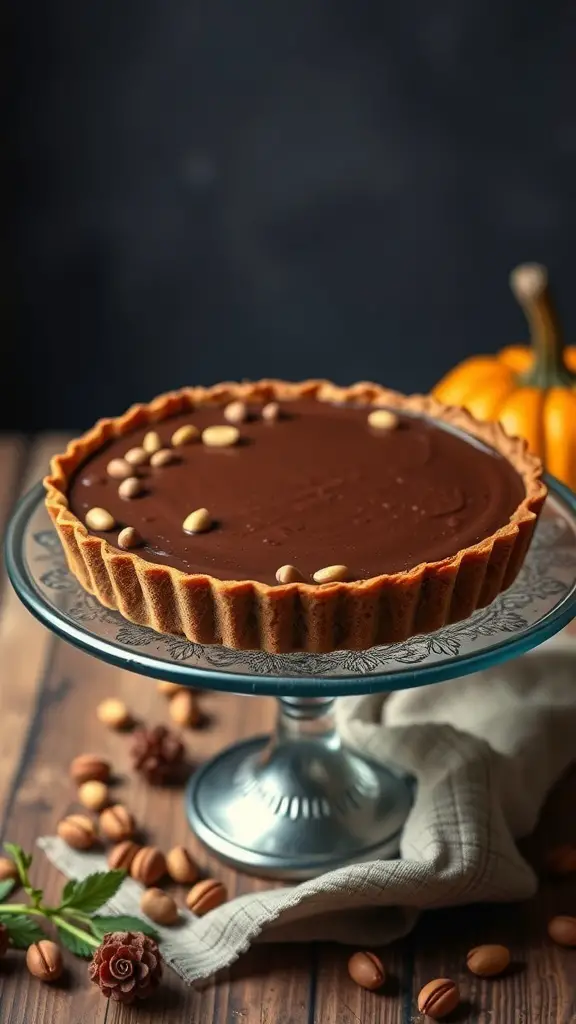 A Chocolate Hazelnut Pumpkin Tart on a glass cake stand, surrounded by nuts and a small pumpkin.