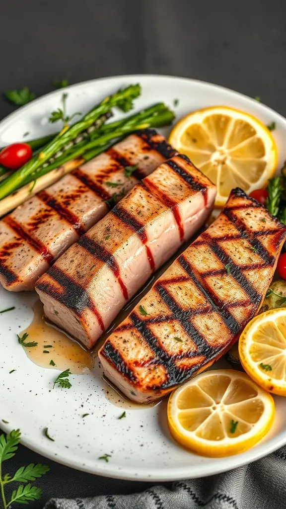 Grilled tuna steaks with lemon slices and asparagus on a plate
