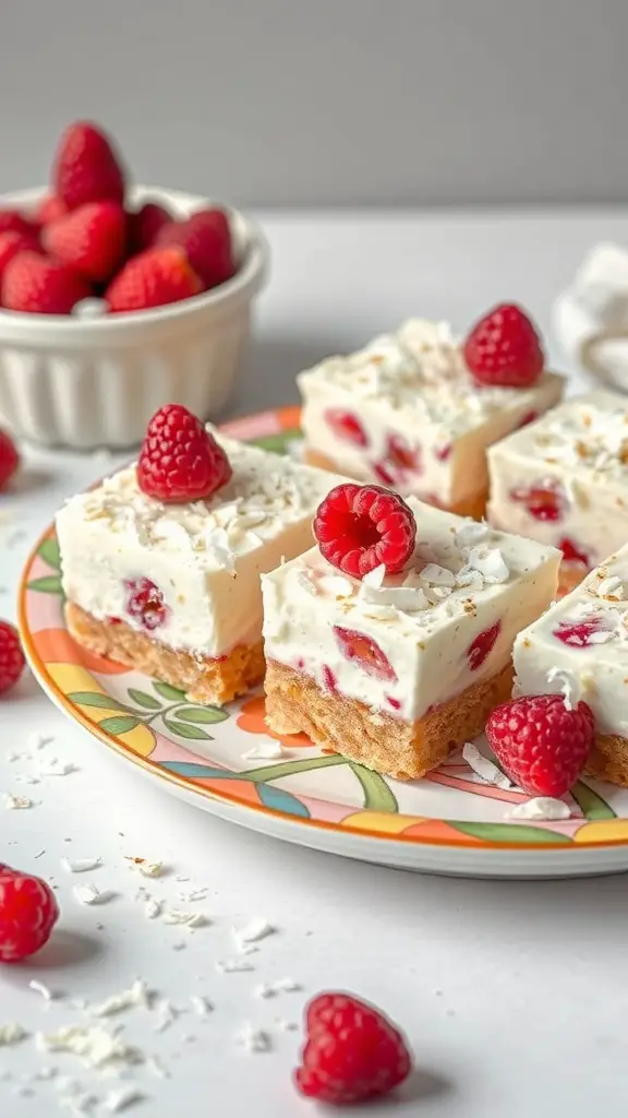 Raspberry Coconut Cream Bars on a colorful plate with fresh raspberries