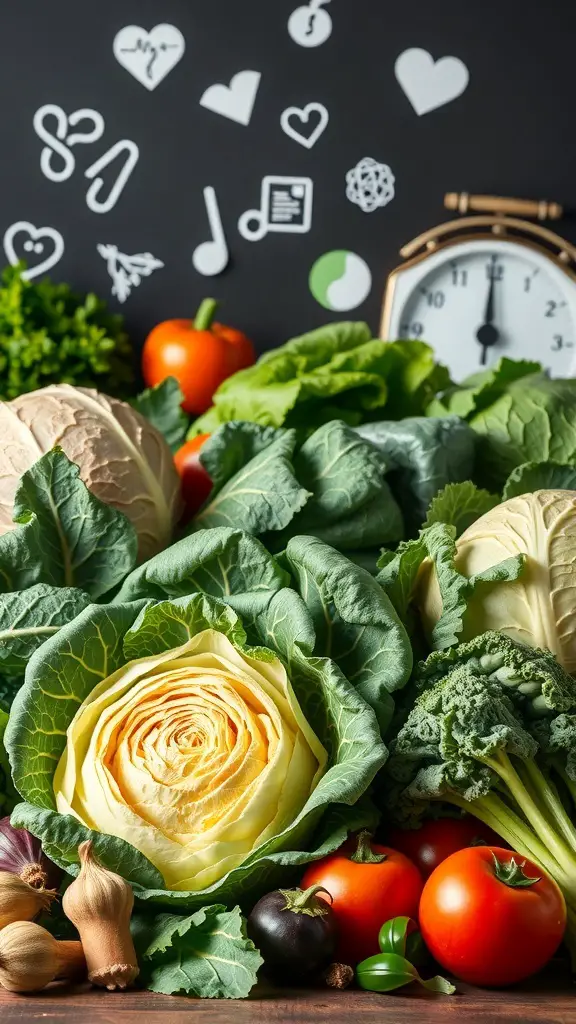 A vibrant display of fresh cabbage and vegetables, symbolizing health and nutrition.