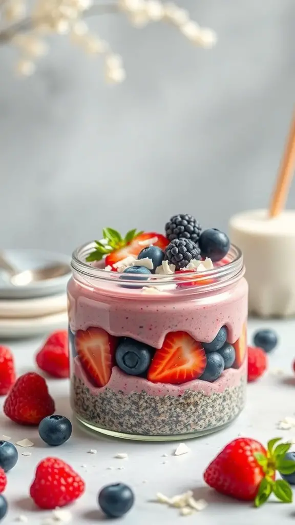 A jar of berry chia seed pudding layered with strawberries, blueberries, and blackberries, topped with coconut flakes.