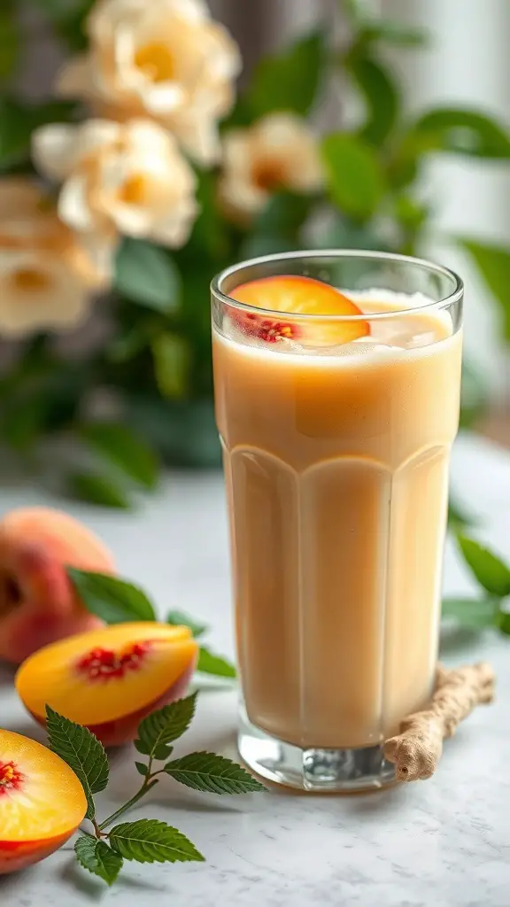 A refreshing peach and ginger smoothie in a glass, garnished with a slice of peach, surrounded by fresh peaches and ginger root.