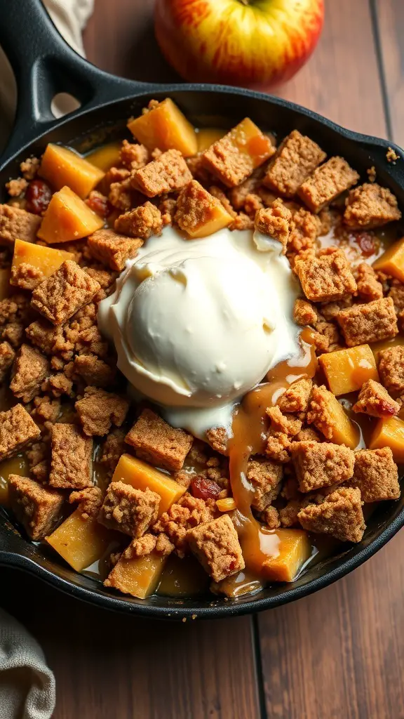 A cast iron skillet filled with caramel apple crisp topped with ice cream and caramel sauce.
