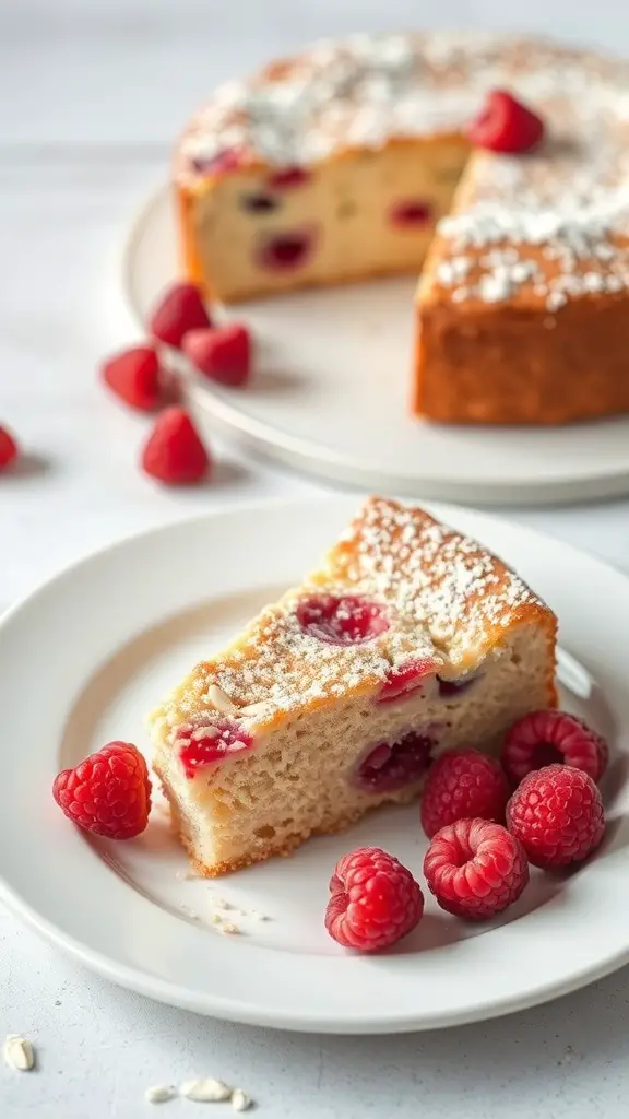 A slice of raspberry almond flour cake on a plate, surrounded by fresh raspberries.
