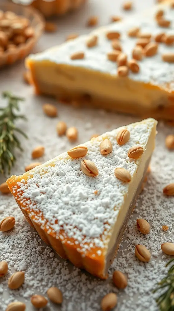 A slice of Torta della Nonna topped with powdered sugar and pine nuts.