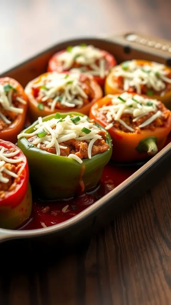 A dish of colorful stuffed bell peppers filled with buffalo chicken and topped with cheese.