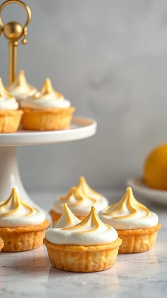 Lemon meringue tartlets on a white stand with a gold handle, showcasing their fluffy meringue topping and crisp crust.