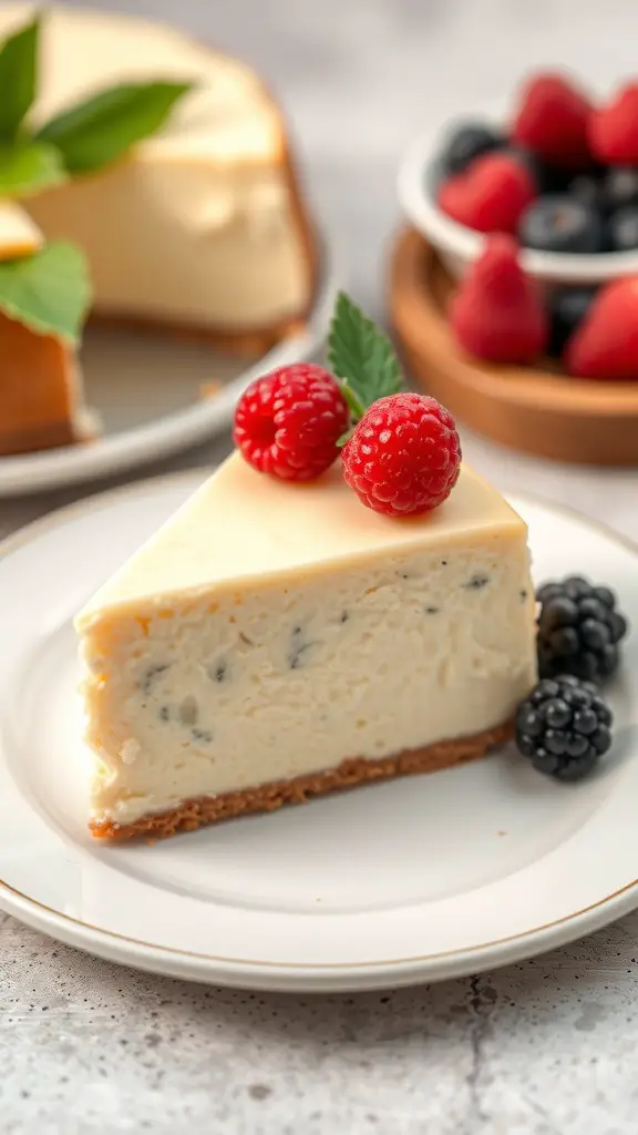 A slice of creamy vanilla cheesecake topped with raspberries and blackberries, with a whole cheesecake in the background.