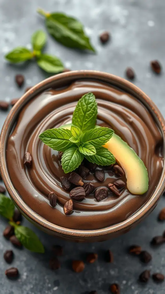 A bowl of chocolate avocado pudding topped with mint leaves and coffee beans.