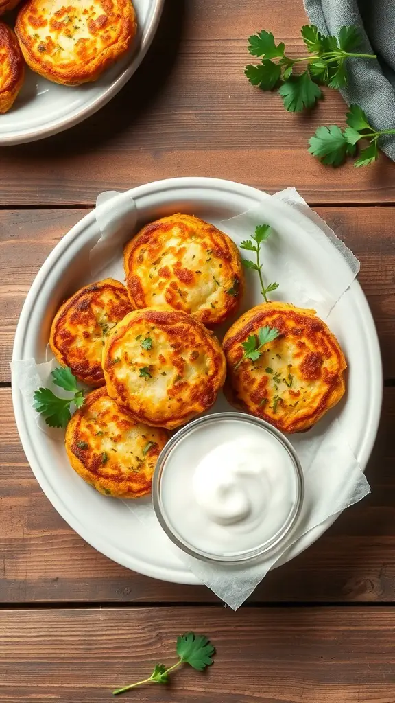 A plate of golden fried zucchini fritters with a bowl of yogurt dip and fresh herbs.