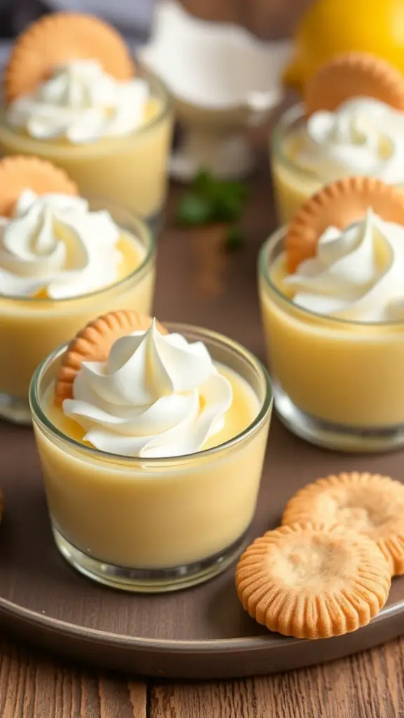 Lemon pudding cups topped with whipped cream and shortbread cookies