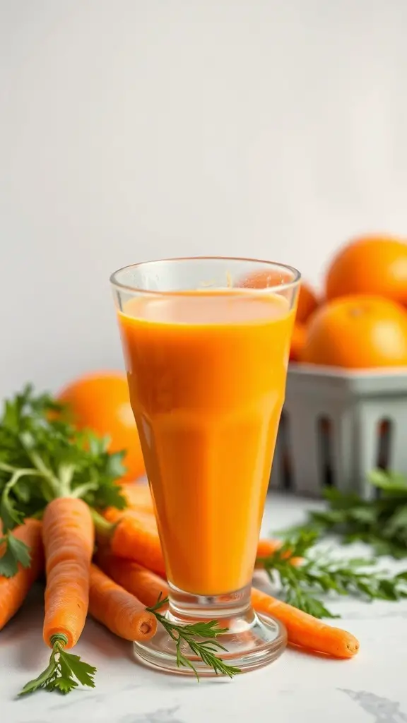 A glass of carrot orange smoothie with fresh carrots and oranges