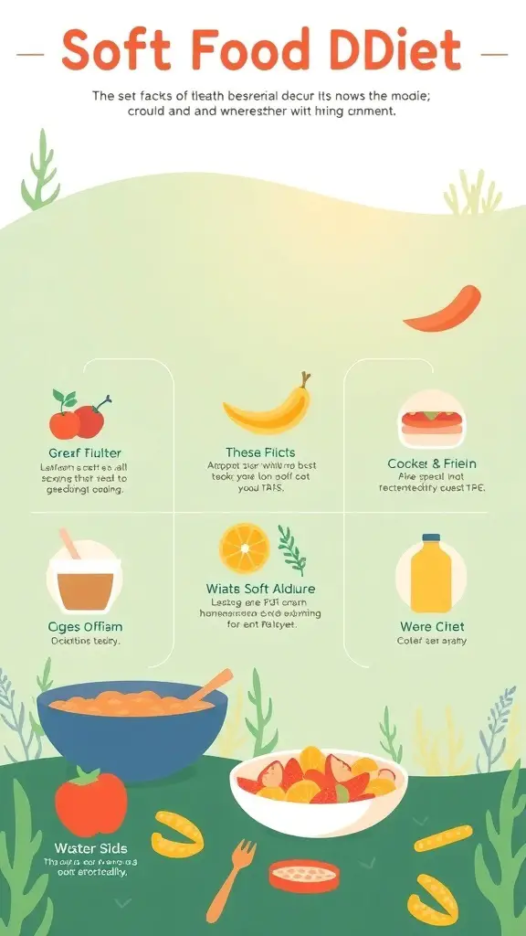An illustration showing various soft food options like fruits, soups, and smoothies.