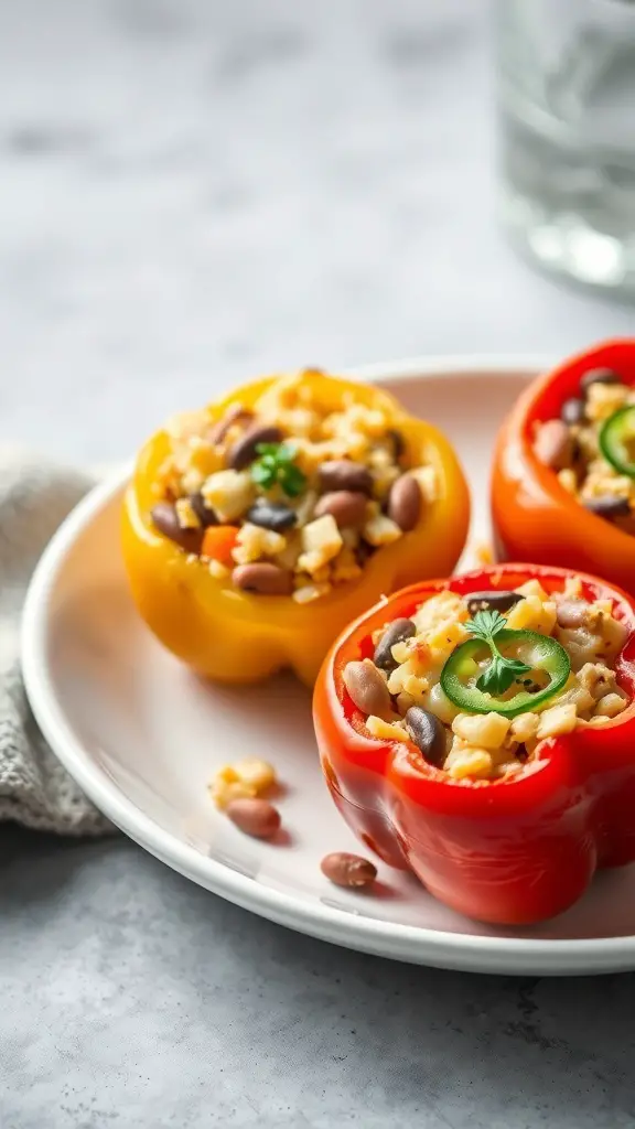 Colorful stuffed bell peppers filled with rice and beans on a plate.