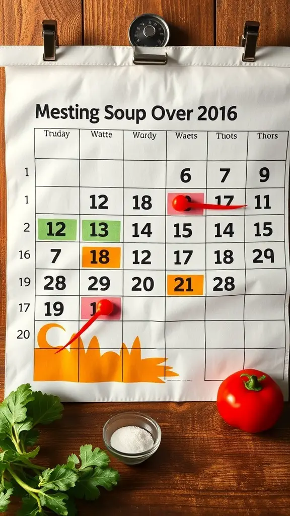 A calendar marked with dates, alongside a tomato and herbs, suggesting a meal planning theme.