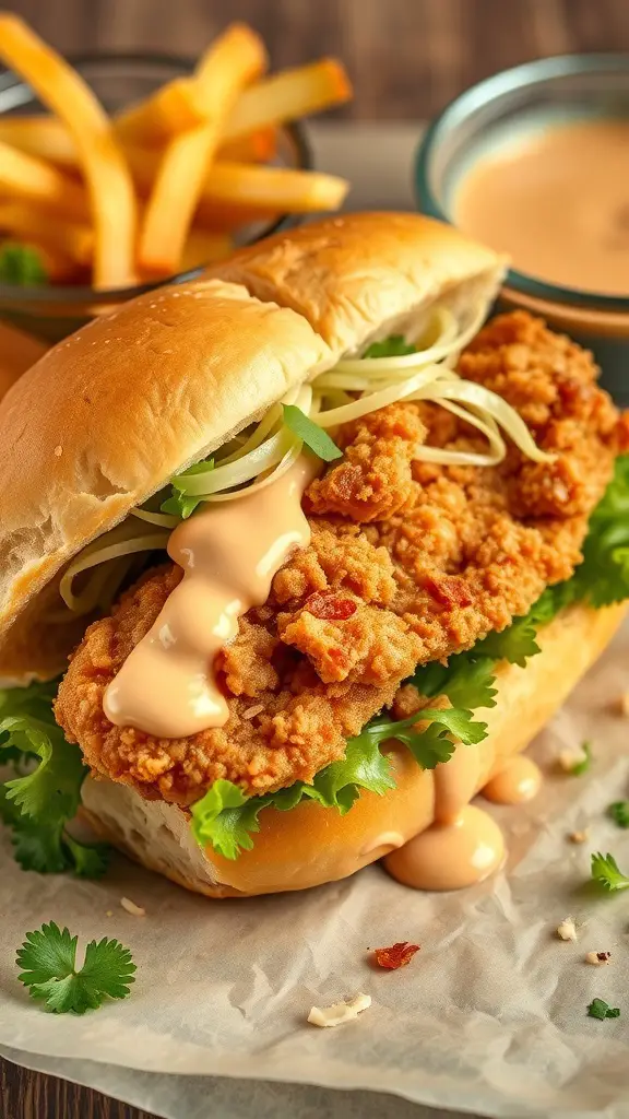 A delicious Catfish Po' Boy Sandwich with remoulade, served with French fries.