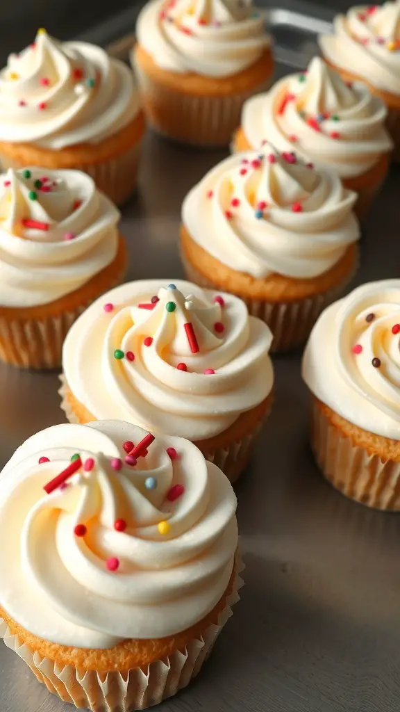A tray of classic vanilla bean cupcakes with white frosting and colorful sprinkles.