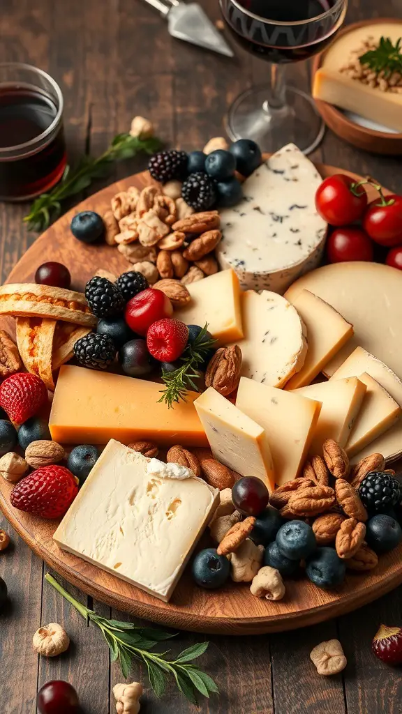 A colorful fruit and cheese platter with various cheeses, fresh fruits, nuts, and crackers.