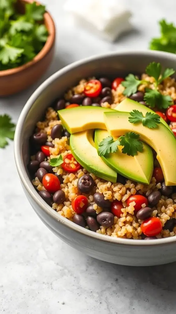 A colorful Quinoa and Black Bean Bowl with avocado, cherry tomatoes, and cilantro.