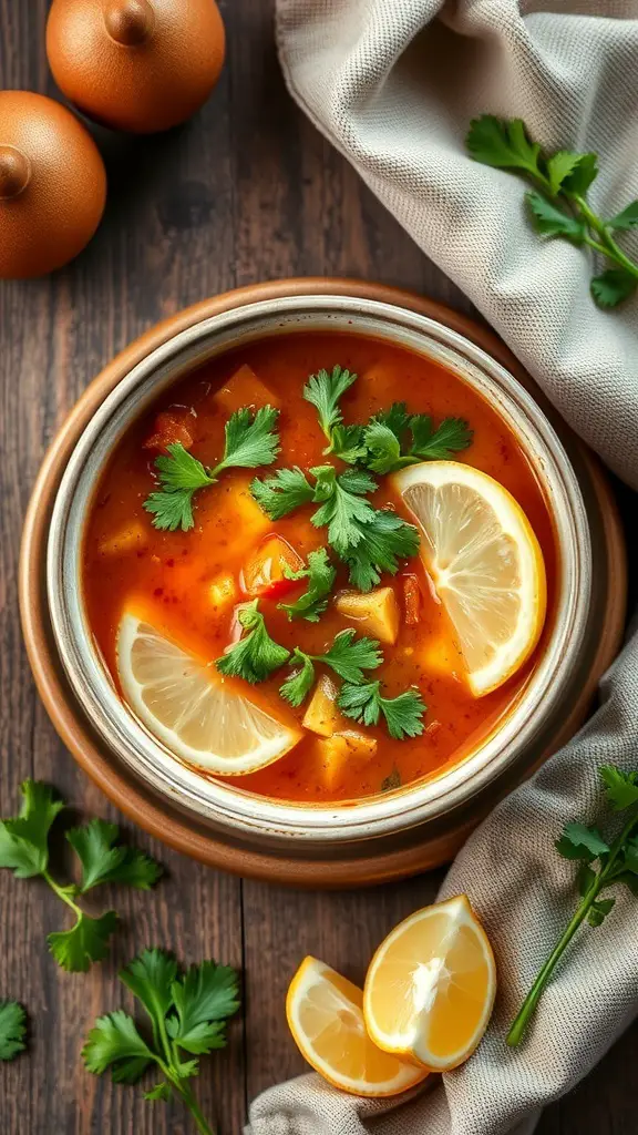 A bowl of Moroccan Harira soup garnished with cilantro and lemon slices, surrounded by fresh herbs.