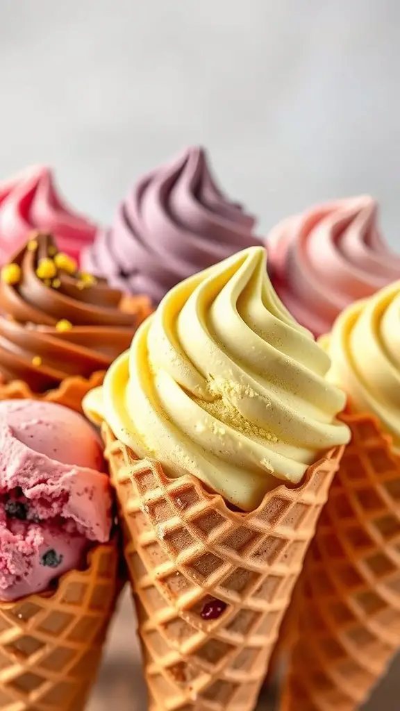 Various colorful gelato cones with swirled tops