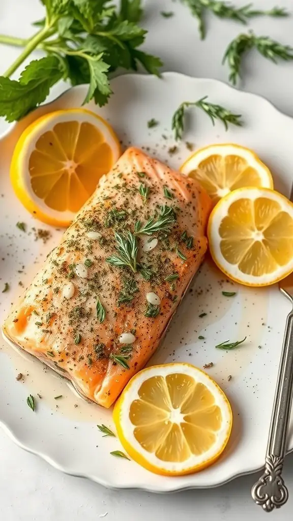 A plate of herb-crusted salmon with lemon slices and fresh herbs.