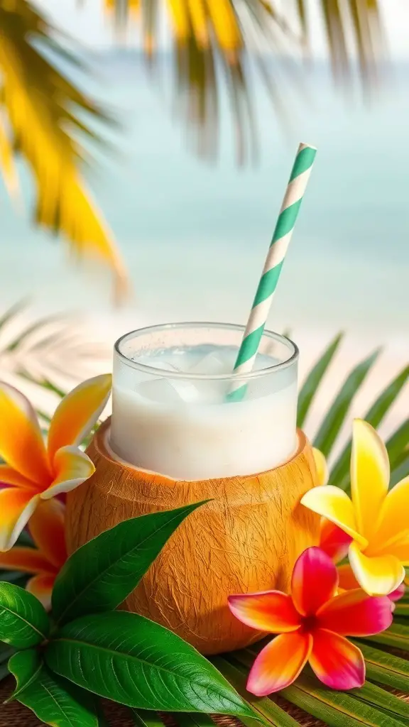 A refreshing coconut water drink in a coconut shell, surrounded by tropical flowers and leaves.