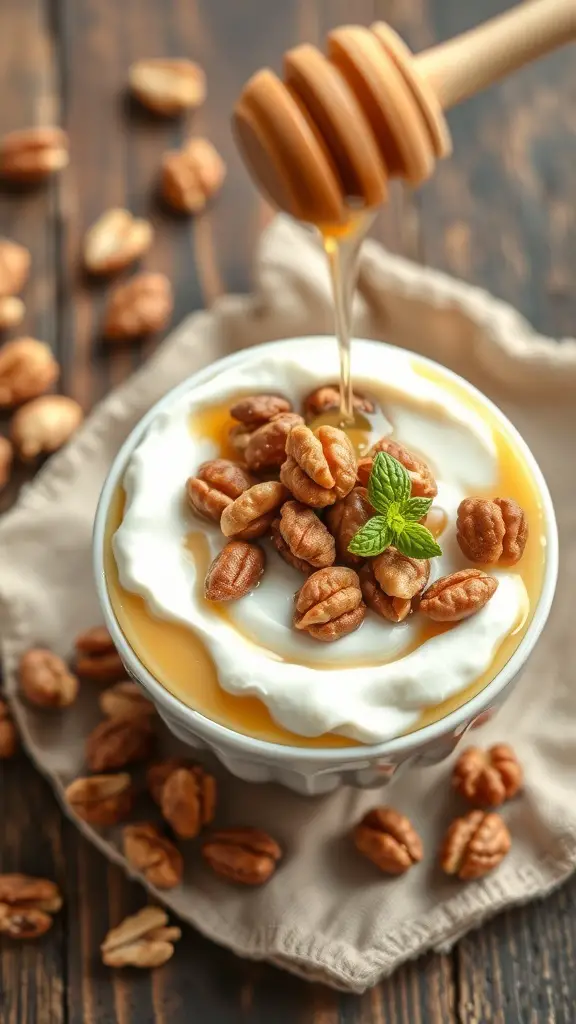 A bowl of Greek yogurt topped with nuts and honey, garnished with mint leaves.