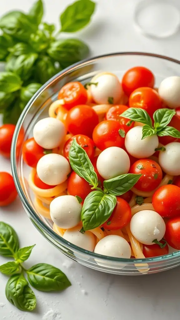 A bowl of Caprese pasta salad with cherry tomatoes, mozzarella balls, and fresh basil.