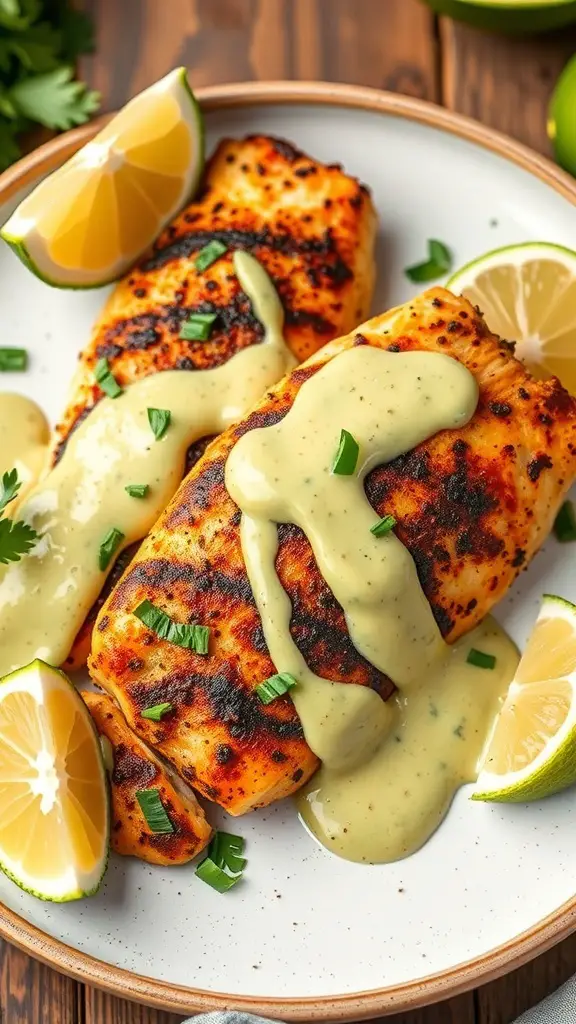 Blackened tilapia fillets topped with avocado cream and garnished with lime wedges and herbs