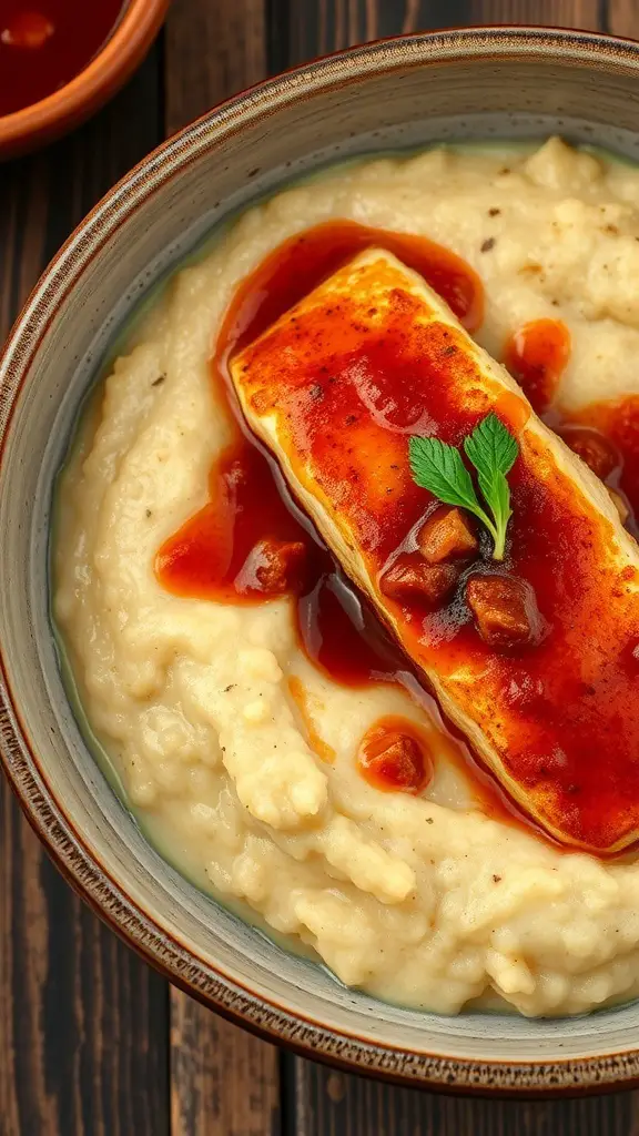 A bowl of catfish served on creamy grits with a spicy sauce on top.