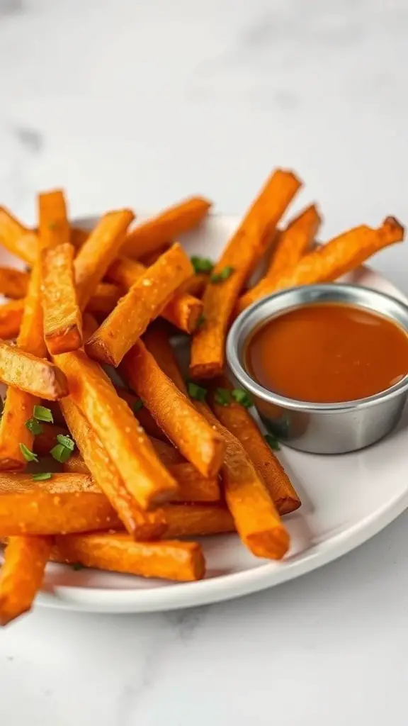 Plate of oven-baked sweet potato fries with a dipping sauce