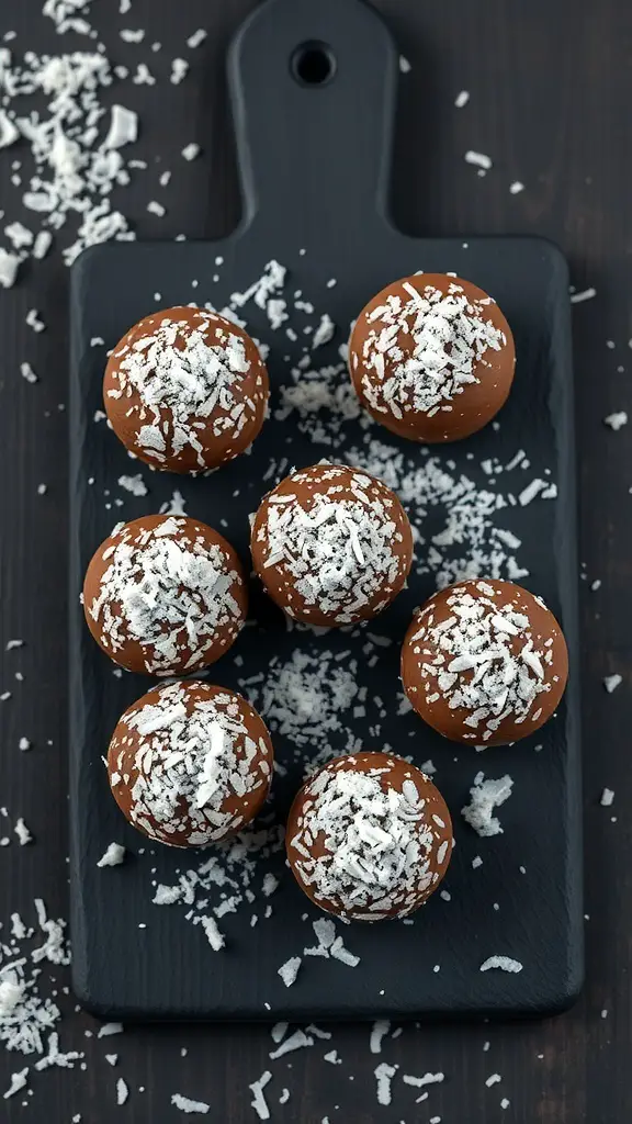 A plate of Chocolate Coconut Fat Bombs topped with shredded coconut.