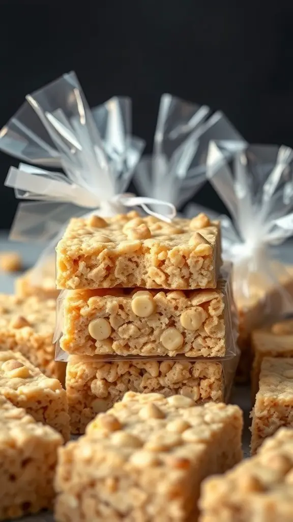 Stack of peanut butter rice krispie treats wrapped in clear bags