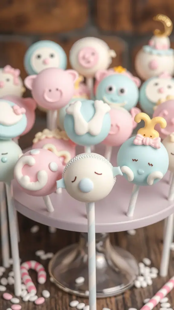 An assortment of colorful baby shower-themed cake pops on a stand.