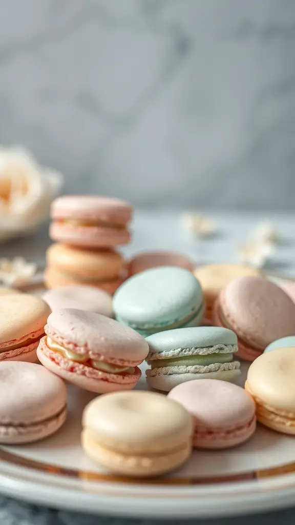 A variety of pastel-colored macarons arranged on a plate, perfect for a baby shower dessert table.