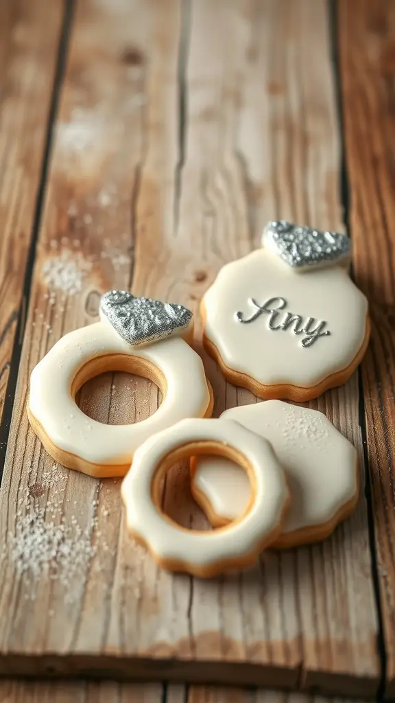 Engagement ring shaped cookies decorated with icing on a wooden surface