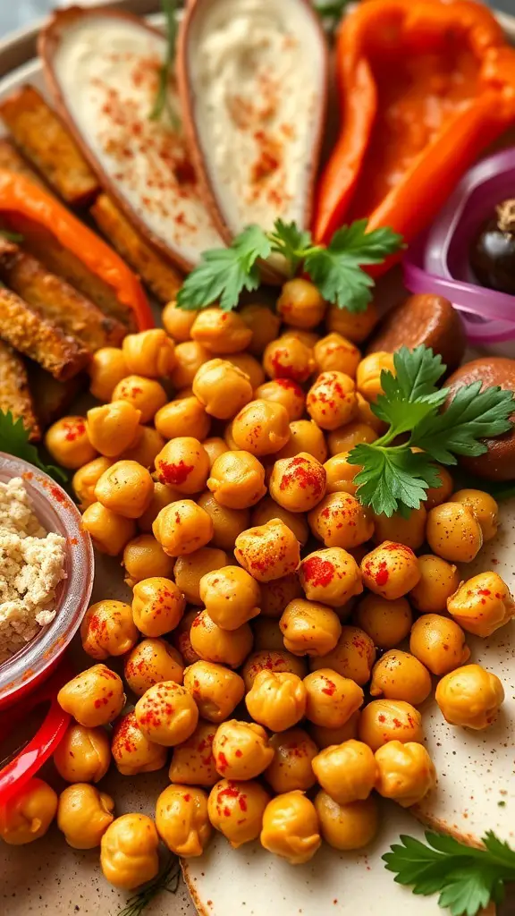 A close-up of spiced chickpeas sprinkled with paprika, surrounded by various mezze platter items.