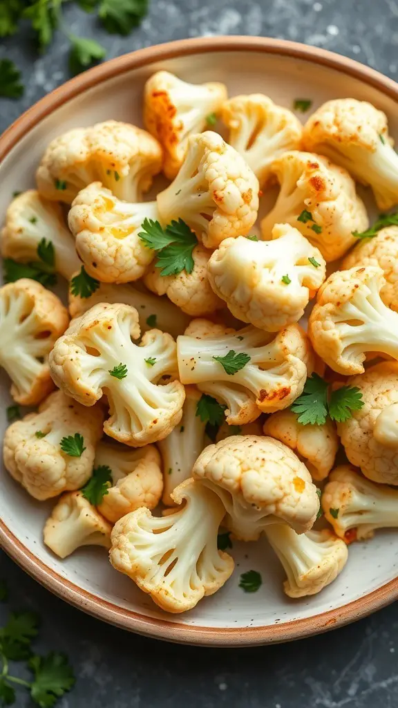 A plate of garlic and lemon roasted cauliflower garnished with fresh herbs.