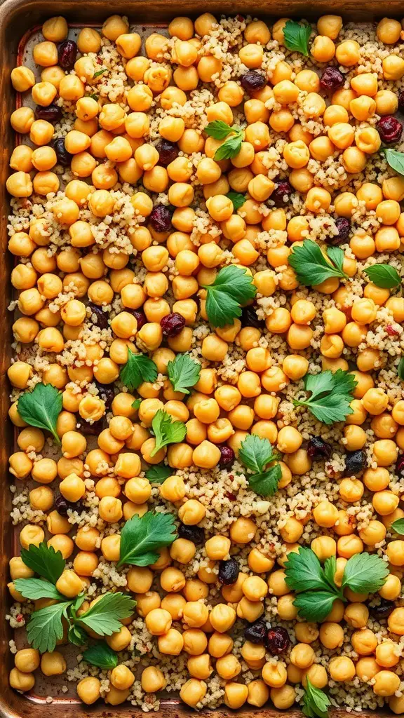 A colorful Mediterranean quinoa and chickpea bake on a sheet pan, featuring golden chickpeas, fluffy quinoa, and fresh parsley.