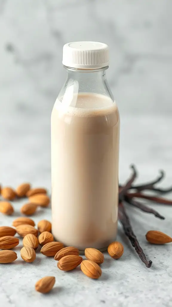 A bottle of Vanilla Almond Protein Boost with almonds and vanilla pods
